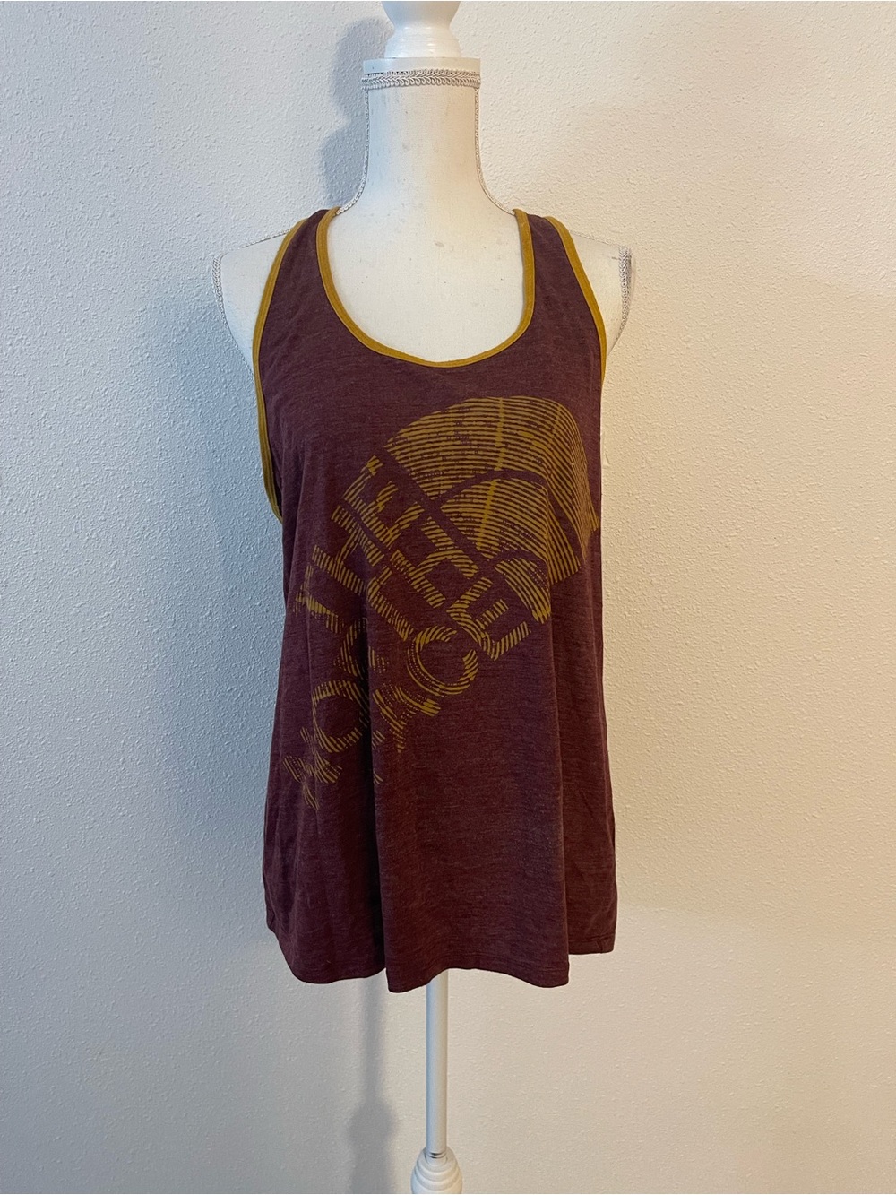 The north face xl Women’s Maroon Graphic Tank Top with Mustard Trim